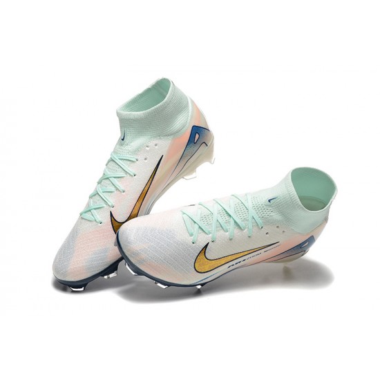 Nike Air Zoom Mercurial Superfly 10 Elite Firm Ground Men White and Gold Football Shoes