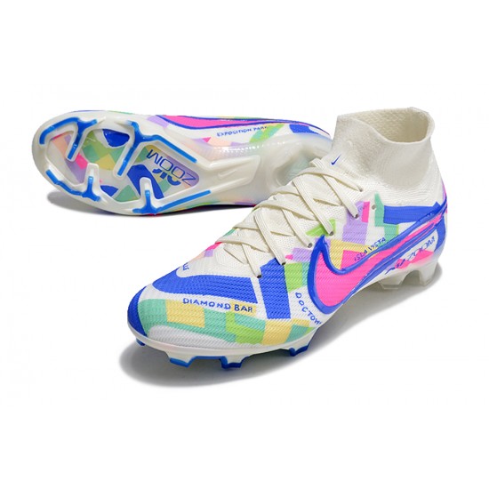 Nike Air Zoom Mercurial Superfly 9 Elite FG High Top Football Boots & Shoes White Blue Pink