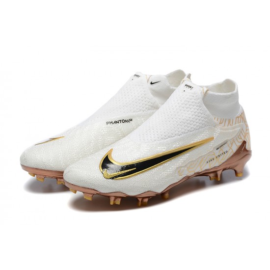 Nike Phantom GX Elite FG High Top Football Boots & Shoes White Gold Black